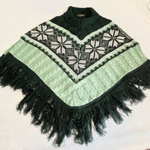 Green Nordic Fair Isle Knit Poncho Sweater | Fringe Tassel | One Size